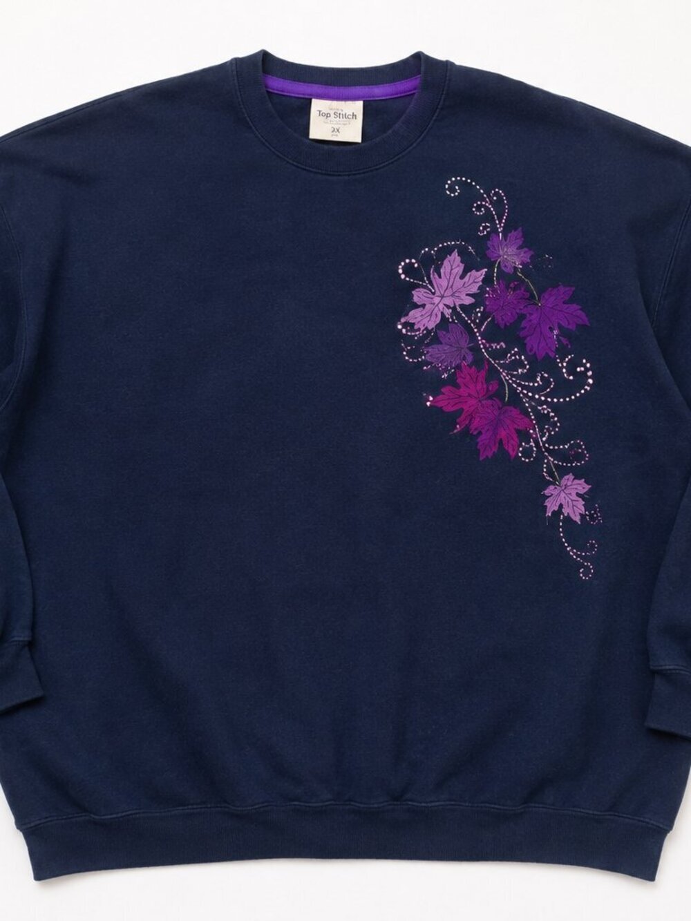 Vintage Top Stitch Navy Purple Leaf Rhinestone Studded Grandmacore Sweater 2X